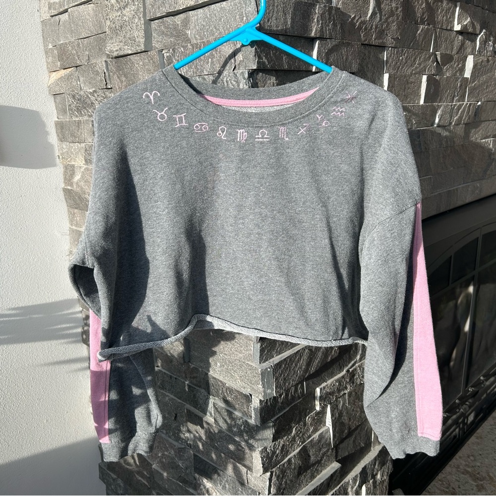 Hot Topic Gray and Pink Zodiac Crop Sweatshirt